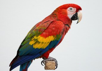 Fototapeta premium Colorful Parrot Perched on Wooden Block Isolated White Background