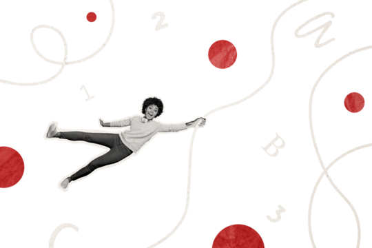 Composite collage picture image of funny girl hang string solve math problem student bizarre unusual fantasy billboard comics