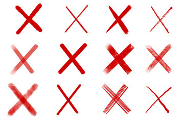 red cross mark.A red cross symbol drawn in various handwriting styles.