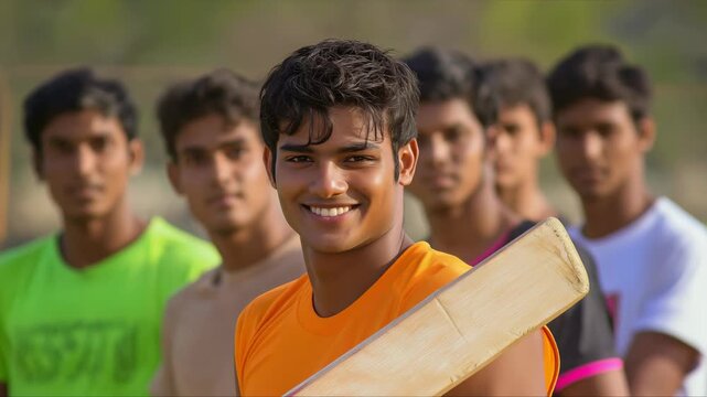 Smiling young man in an orange shirt holds a cricket bat while standing with teammates in sports field