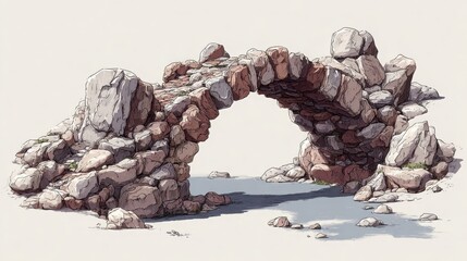 Fototapeta premium Realistic vector stone arch bridge made of boulders. Ancient structure design.