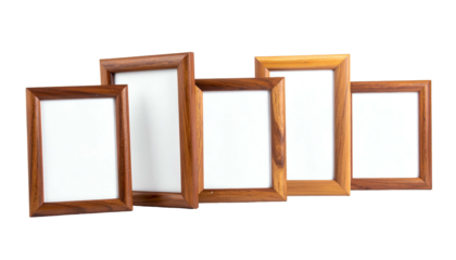 Five wooden photo frames arranged in an offset line, bright white insides, on black