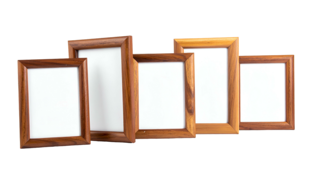 Five wooden photo frames arranged in an offset line, bright white insides, on black