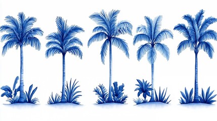 Obraz premium Blue Watercolor Palm Tree Collection on White Background