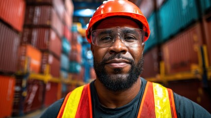 A focused and confident worker wearing a safety helmet and glasses in a busy warehouse, representing dedication and professionalism in a dynamic industrial environment.