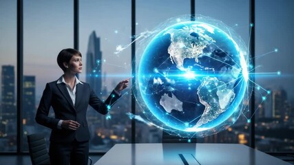 Business professional presenting global network data - Powered by Adobe