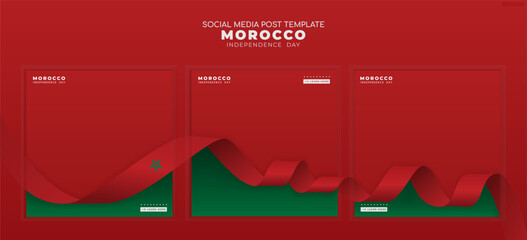 Set of carousel posts background template with realistic red flag ribbons, suitable for morocco independence day