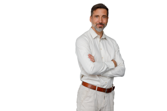 Confident man with crossed arms smiling, portraying professionalism, leadership, and success on transparent background