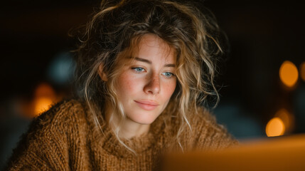 Young woman in oversized sweater studying late at night with laptop, warm desk lamp light, cozy cinematic atmosphere