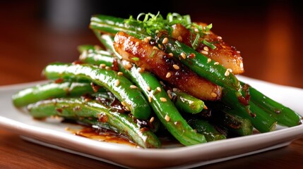A mouth-watering dish of green beans stir-fried with savory chicken and topped with sesame seeds offers a delightful burst of flavors and textures ready to enjoy.