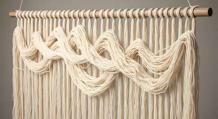 Close-up of a handcrafted macrame wall hanging with a wavy design, showcasing natural fiber and a rustic aesthetic, perfect for home decor.