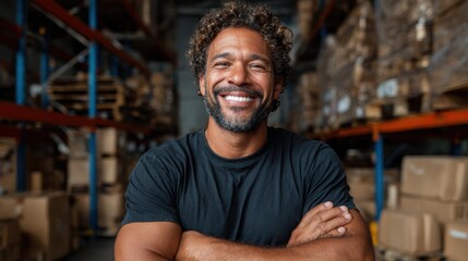 A confident man stands in a warehouse, smiling broadly with arms crossed, showcasing his friendly demeanor amid a backdrop of stacked boxes and organized shelves.