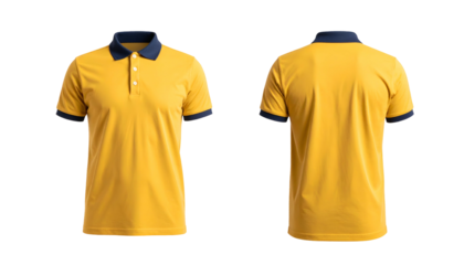 Front and back view of a yellow polo shirt with navy blue collar and sleeve trim