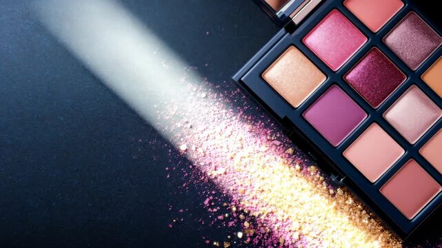 Dramatic beauty video of a luxurious eyeshadow palette with sparkling pink and gold glitter. Glamour, fashion, artistry. Ideal for makeup tutorials and cosmetic brand footage.