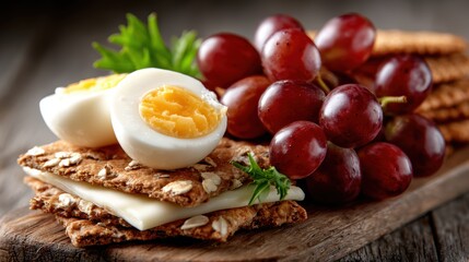 A delightful breakfast spread featuring sliced boiled eggs, fresh grapes, and crunchy oat crackers, perfect for a nourishing start to the day with vibrant colors and textures.