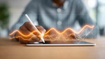 Experienced professional businessman analyzing financial data, drawing glowing orange graphs on digital tablet using stylus, representing market trends and business growth strategy - Powered by Adobe