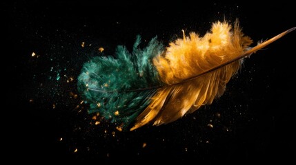 An artistic depiction of two colorful feathers, one green and one golden, dynamically exploding and scattering vibrant particles, symbolizing creativity and freedom in art.