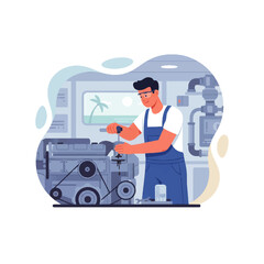 Man repairing engine in boat, wearing overalls and glasses.