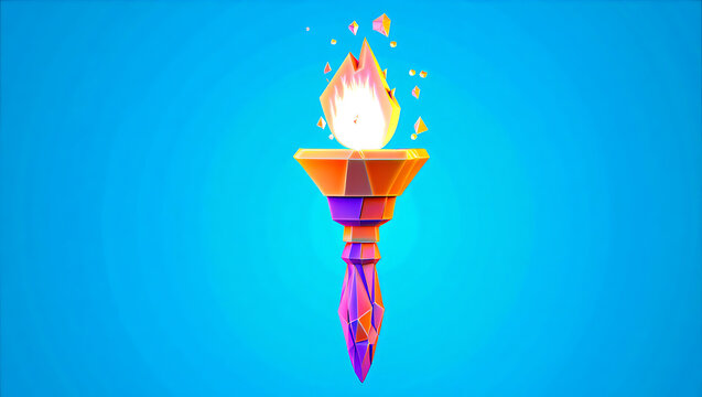 A vibrant low poly 3D model of a lit torch with a crystalline structure and a brightly colored flame, symbolizing victory or progress.
