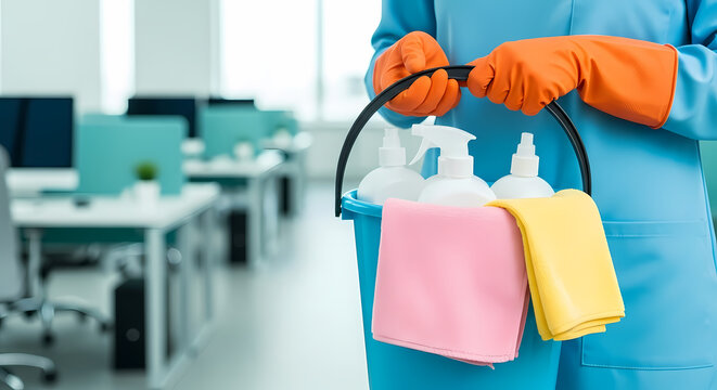 A person in protective gloves and uniform holds a bucket filled with cleaning supplies, ready to sanitize the office space.