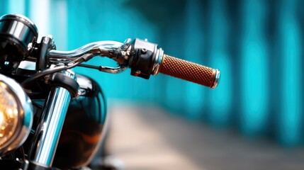 An artistic close-up captures the intricate details of a motorcycle handlebar and grip, reflecting the essence of freedom and adventure on the open road.