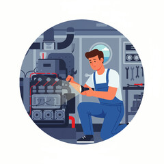 Illustration of a mechanic inspecting machinery with a flashlight in a workshop.
