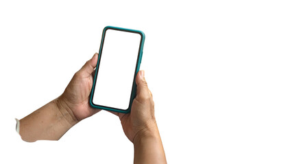 Hands holding a phone with a blank white screen, cyan case, against a black background