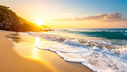 黄金色に染まる海辺/心洗われる朝の風景