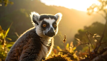 Naklejka premium A ring-tailed primate sits, lit by a golden sunset, with the sun backlighting its fur. It?s looking to the right with an inquisitive expression