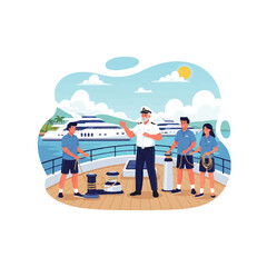 Yacht crew training with captain on deck, learning ropes and mooring.