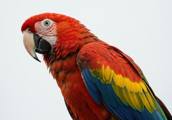 Obraz premium Colorful Scarlet Macaw Parrot with Bright Red Yellow Blue Feathers Perched Against White Background