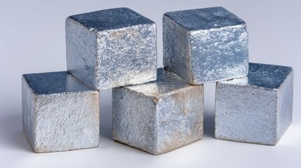 Close up view of silver metallic cubes with textured surfaces in artistic arrangement