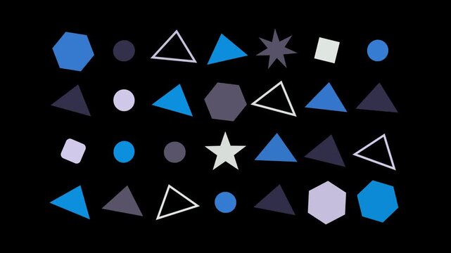 A collection of geometric shapes in various colors on a black background