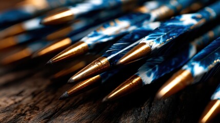 A stunning collection of colorful feathered pens lying on rustic wood, showcasing artistic craftsmanship and vibrant colors for a creative and imaginative workspace.