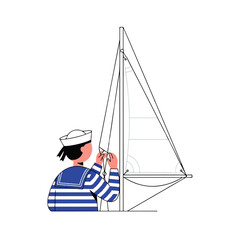 Illustration of a sailor adjusting the rigging on a sailboat.