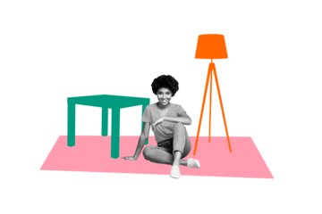 Collage picture image of cheerful pretty woman buy new flat furniture isolated on drawing background