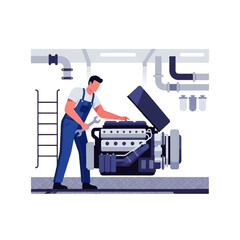Mechanic repairing engine in workshop, wearing blue overalls.