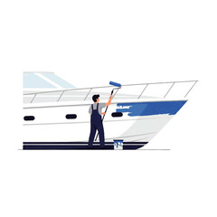 Illustration of a person painting the side of a boat with blue paint.