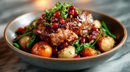 A vibrant plate showcasing a gourmet dish featuring succulent meat topped with pomegranate seeds and surrounded by fresh vegetables, embodying culinary artistry.
