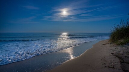 Obraz premium Capture the magic of the moonlight reflecting on the ocean waves along a sandy beach