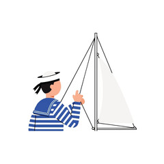 Sailor adjusting sail on sailboat, wearing striped shirt and hat.