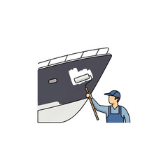 Illustration of a man painting the side of a boat with a roller.