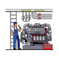 Illustration of a mechanic repairing a large engine with a wrench.