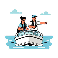 Illustration of two people on a boat in the water.