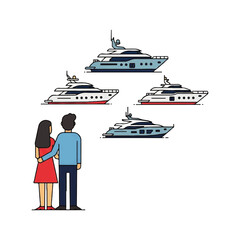 Couple admiring a fleet of luxury yachts, dreaming of a lavish lifestyle.