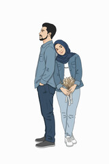 Sweet Muslim Couple Illustration – Romantic Pose with Hijab Woman Holding Flowers