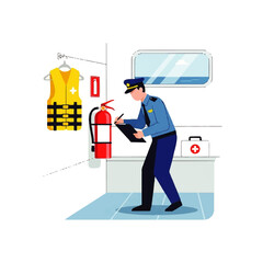 Officer inspecting safety equipment on a ship, including a fire extinguisher and life vest.