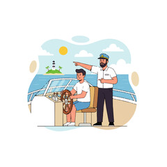 Illustration of a captain pointing towards an island while a man steers a boat.
