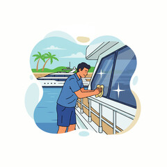 Man cleaning boat windows with a cloth near tropical beach.