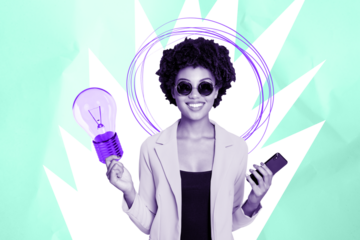 Composite photo collage of happy american girl freelancer hold phone light bulb idea finding concept isolated on painted background